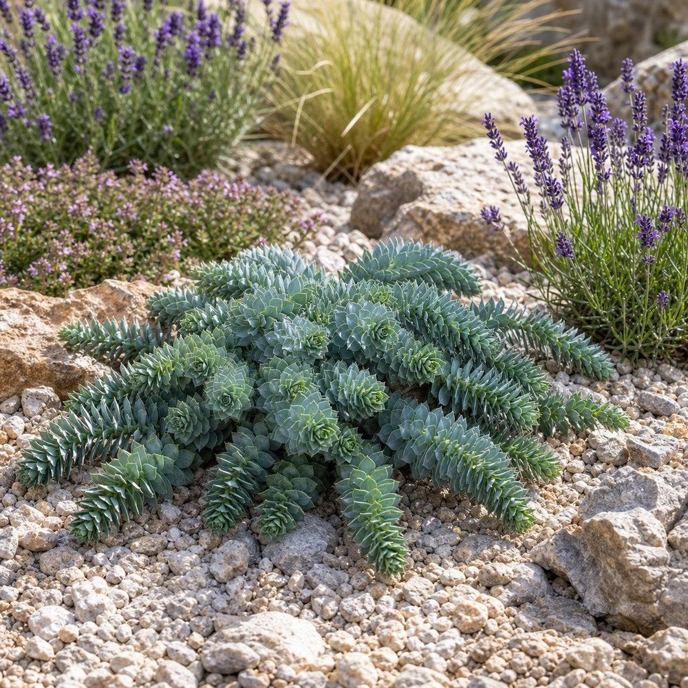 Kiesbeet mit Lavendel, Thymian und Euphorbia-Polstern, sommerliche Trockenheit.
