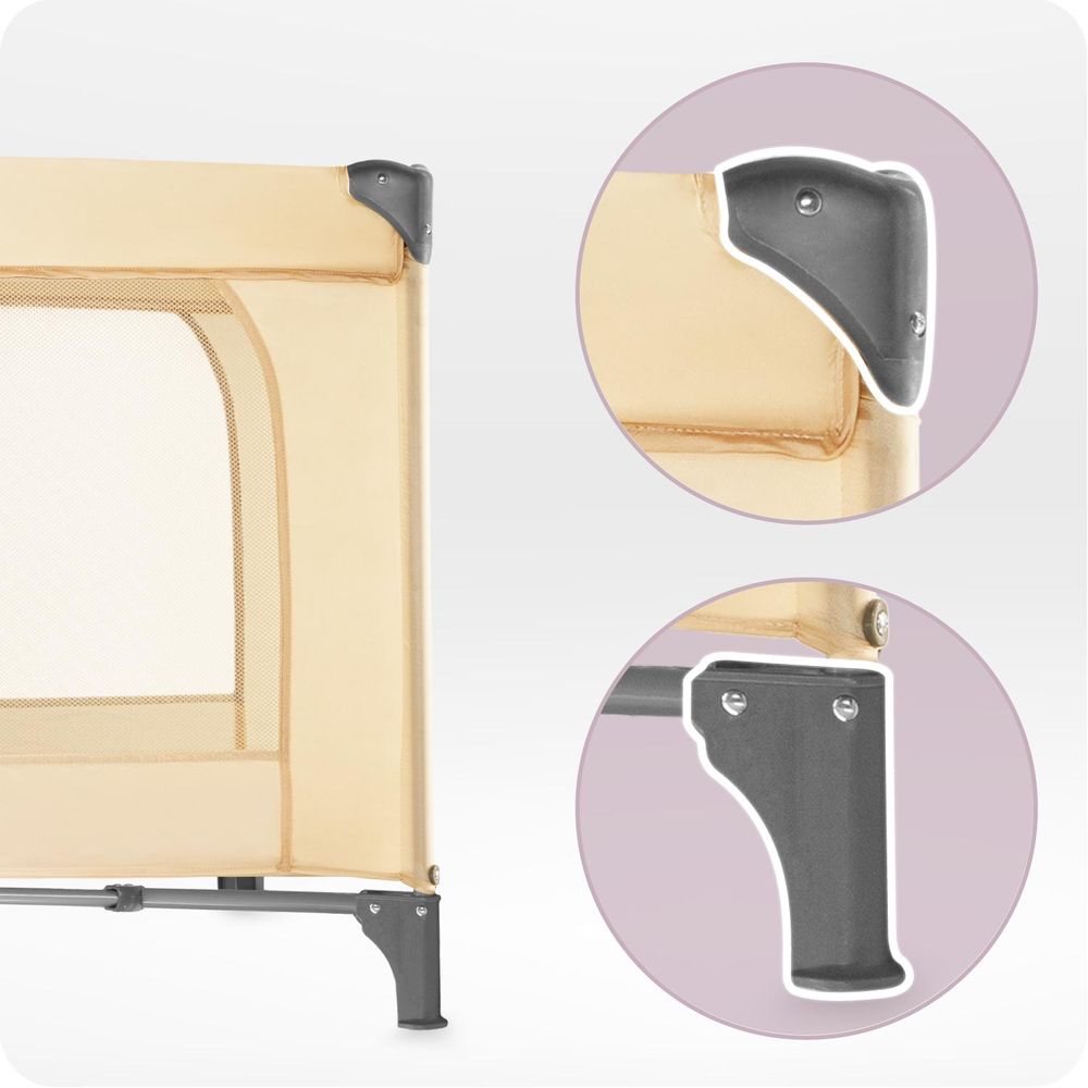 MoMi BELOVE PLUS – Babyreisebett mit Matratze, Spielbogen & Wickeltisch, 2 Ebenen, Zubehör inkl. – Beige