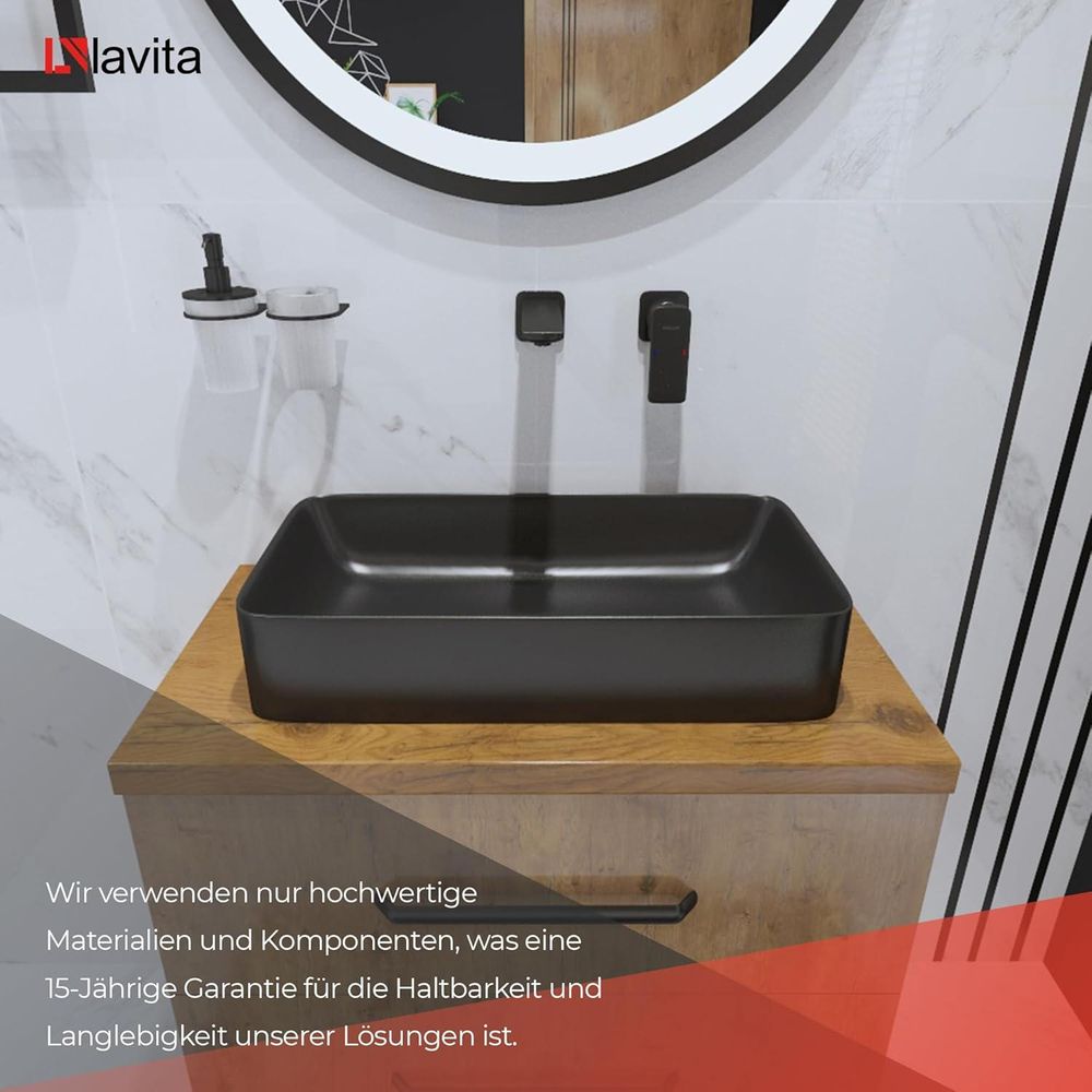 LAVITA Aufsatzwaschtisch Pasana Black| Aufsatzwaschbecken Rechteckig | Waschbecken Ohne Überlauf und Hahnloch | Aus hochwertigem Porzellan | Waschtisch | 60,5x34x11 cm | Schwarz Matt