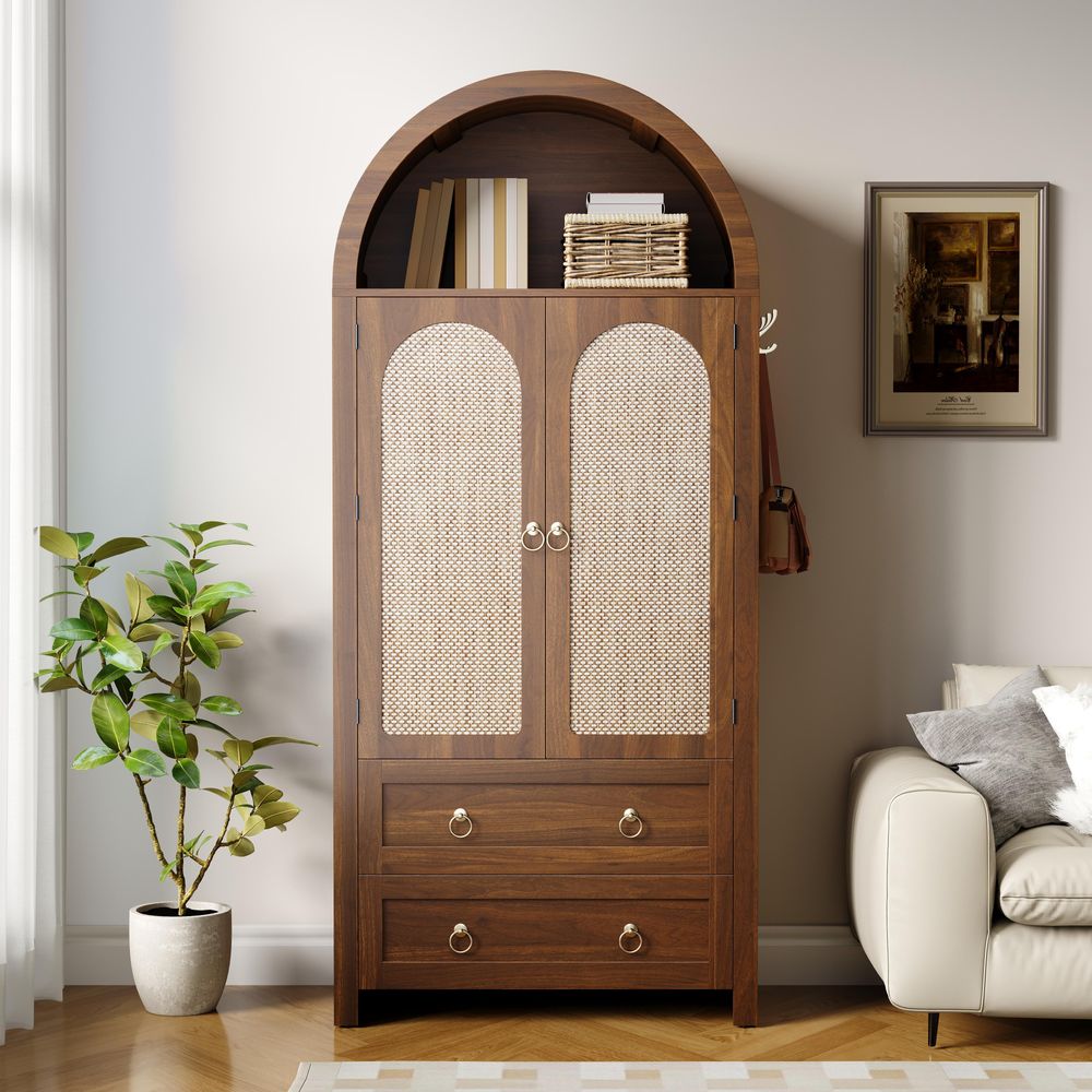 Merax Kleiderschrank im Korbgeflecht-Bogenstil,Sideboard mit Doppelschubladen und Rattan-Türen, Vintage Aufbewahrungsschrank mit Haken, Nussbaum