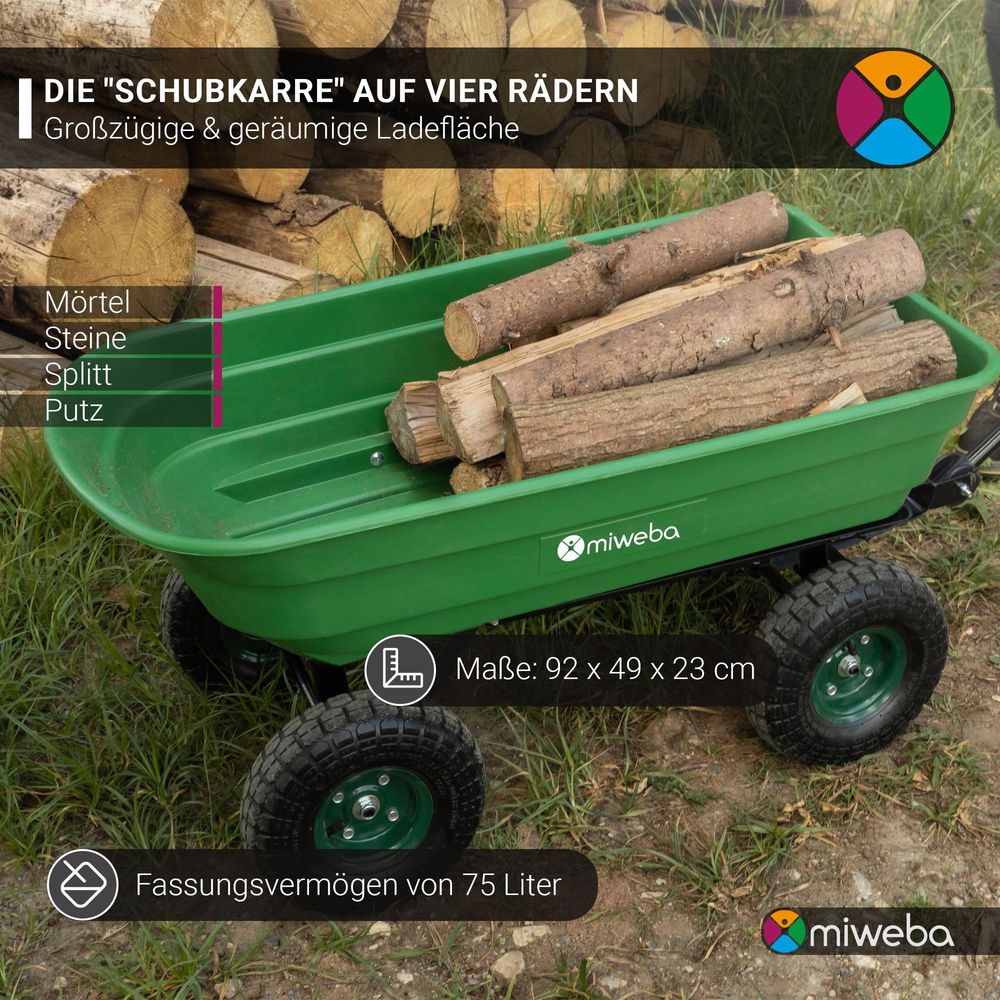 Miweba Bollerwagen Dumper | Transportwagen mit Kippfunktion - Handkarre - Schubkarre - Gerätewagen mit Kippverriegelung - bis 300 kg belastbar (Grau)