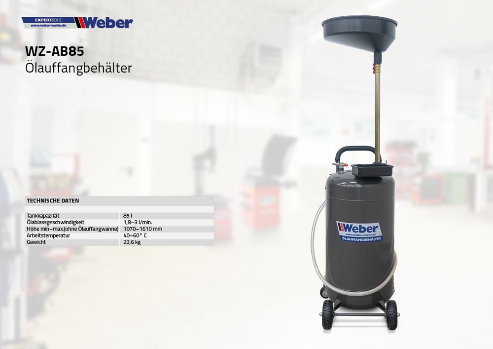 Das Bild zeigt einen grauen Ölauffangbehälter. Links daneben sind die technischen Werte aufgeführt.