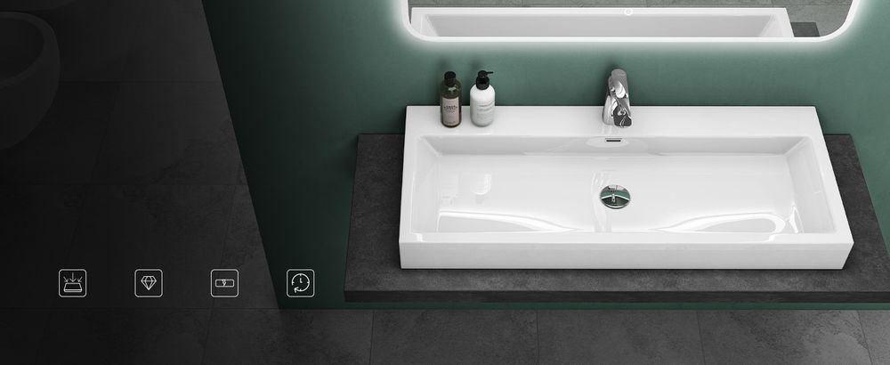 Mai & Mai Breite: 76,5cm Waschbecken Aufsatz-Waschschale Hänge-Becken Mineralguss in weiß 1 Armaturenloch Bad Eckig Col06