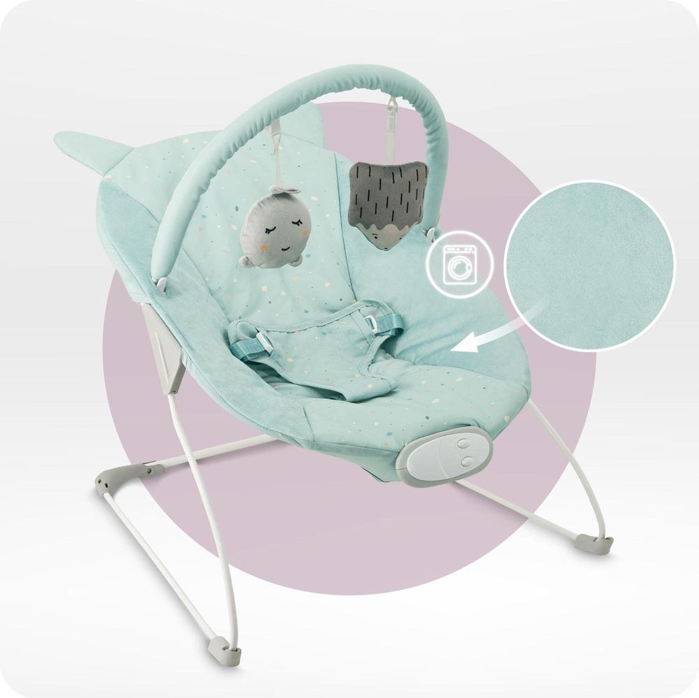 MoMi GLOSSY Babywippe mit 8 Melodien, 3 Vibrationsstufen, Spielzeug-Stirnband – bis 9 kg - MINT