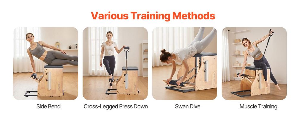VEVOR Pilatesstuhl, Split-Pedal Stabilitätskombinationsstühle mit Griffen, Gummiholzrahmen Yoga Fitness Trainer, Übungsreformer, Pilates Widerstands-Workout-Ausrüstung, für das Home Gym Studio Workout