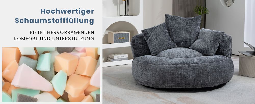 MODFU Doppel-Sitzsack Schlafsofa mit 3 Kissen & gepolsterten Schaumstoffpolsterung,Relaxsessel Extrabreit Sitzsacksofa Posterstuhl,108×108×52cm,Grau