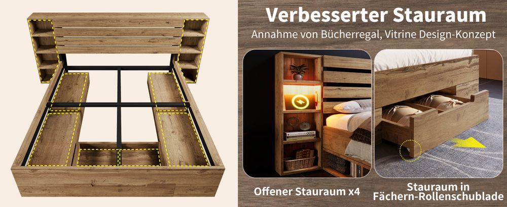 MODFU Doppelbett Massivholzbett 180×200cm mit LED-Beleuchtung und USB C Stauraum-Kopfteil und Schubladen, Bettgestell mit Lattenrost, Eiche(Ohne Matratze)