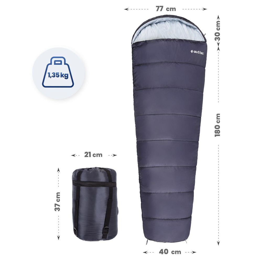 Maße des Schlafsacks: 180x77cm, gepackt 37x21cm, 1,35kg