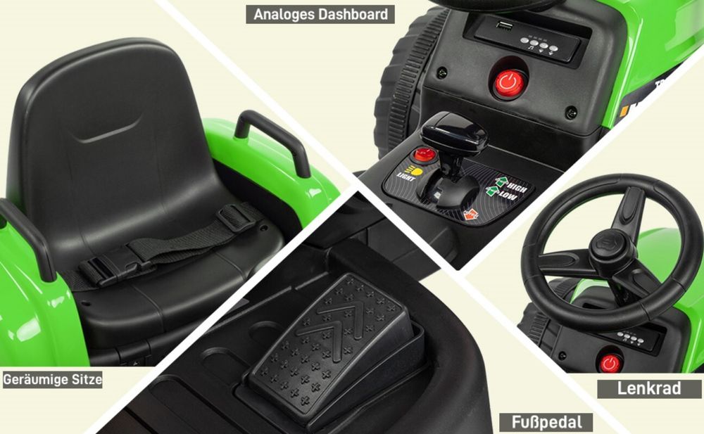 FCH 12V 7Ah Elektrotraktor mit abnehmbarem Anhänger und 2,4G Fernbedienung, Kinder Aufsitztraktor mit LED Lichtern, Musik, Hupe & USB Funktionen, Grün