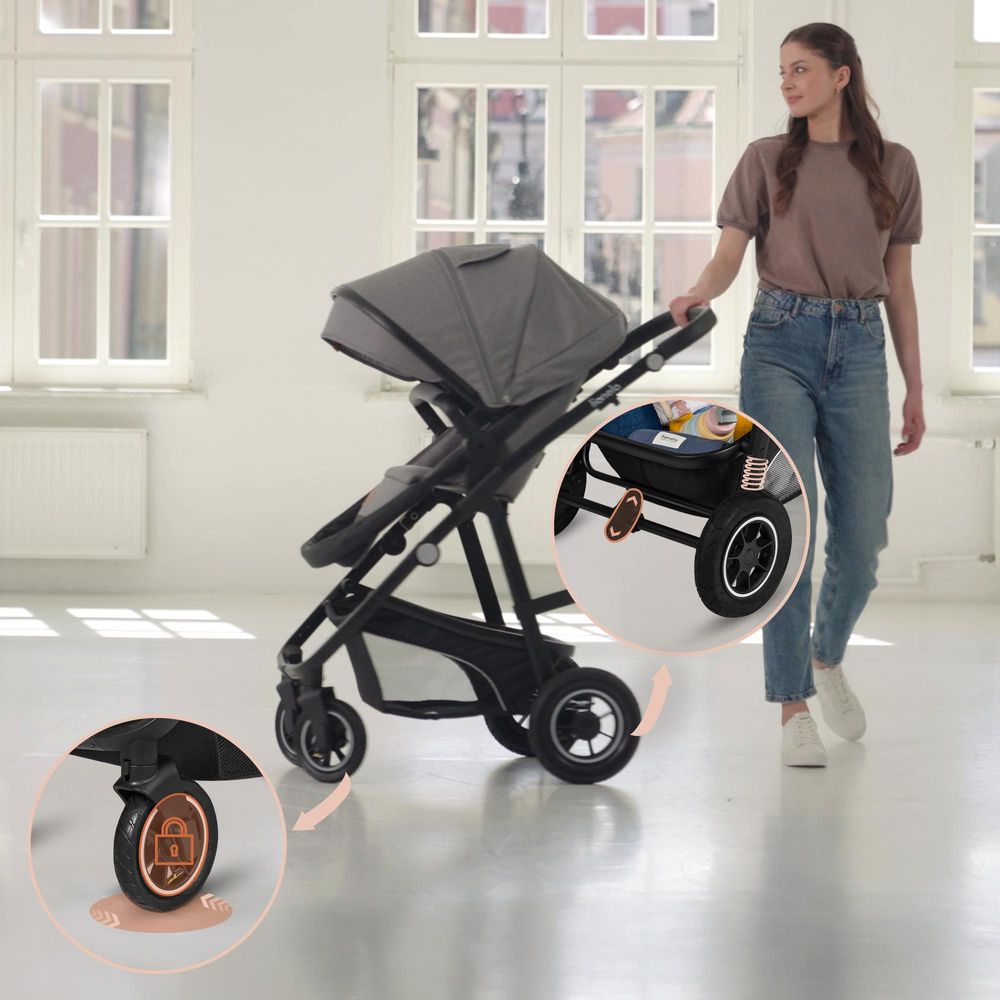 Lionelo Bianka 3in1 Kinderwagen, Autotransporter, Autositz, klappbar, Travel System Rückenlehne verstellbar 360o Räder Polsterung, Verdeck XXL-Schwarz