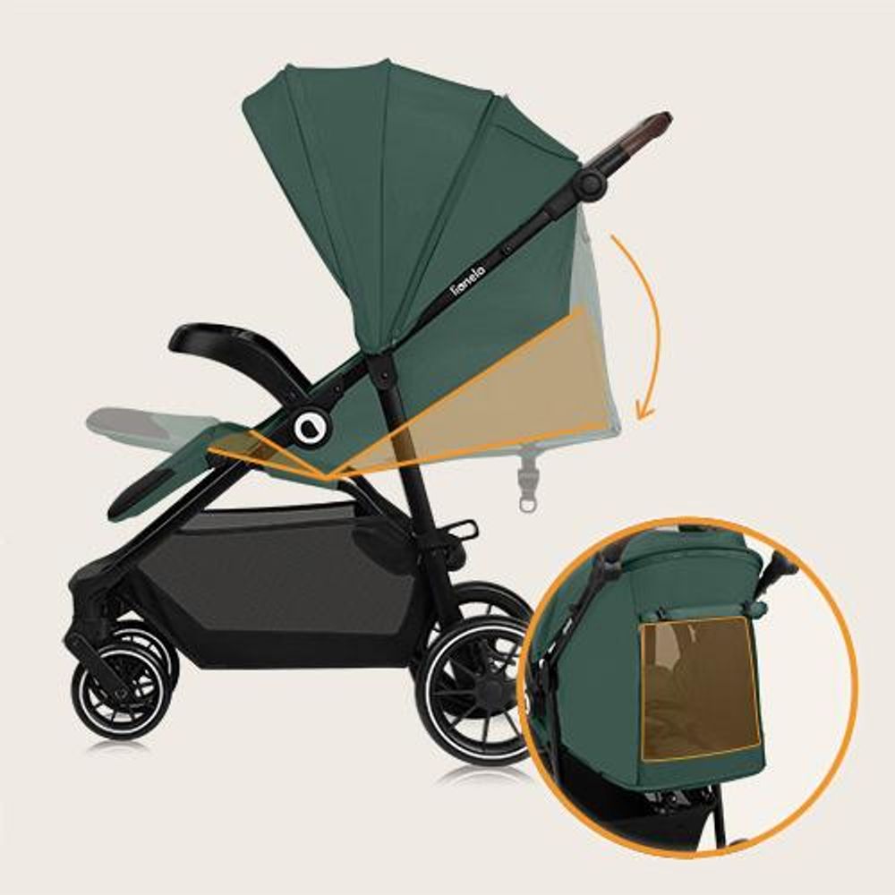 Lionelo Emma One Buggy bis zu 22 kg Schwenkbare 360 Räder Einhändig klappbar Verstellbare Rückenlehne und Fußstütze XXL-Verdeck UPF50+ Grün