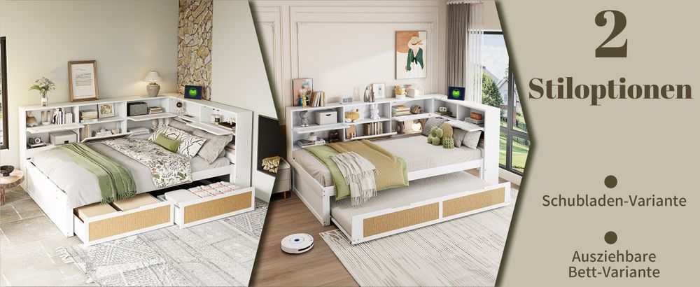 okwish Schlafsofa 140×200 cm，Kinderbett Jugendbett Multifunktionales Einzelbett mit vielen Staufächern und Ladeanschluss，Ohne Matratze，Weiß