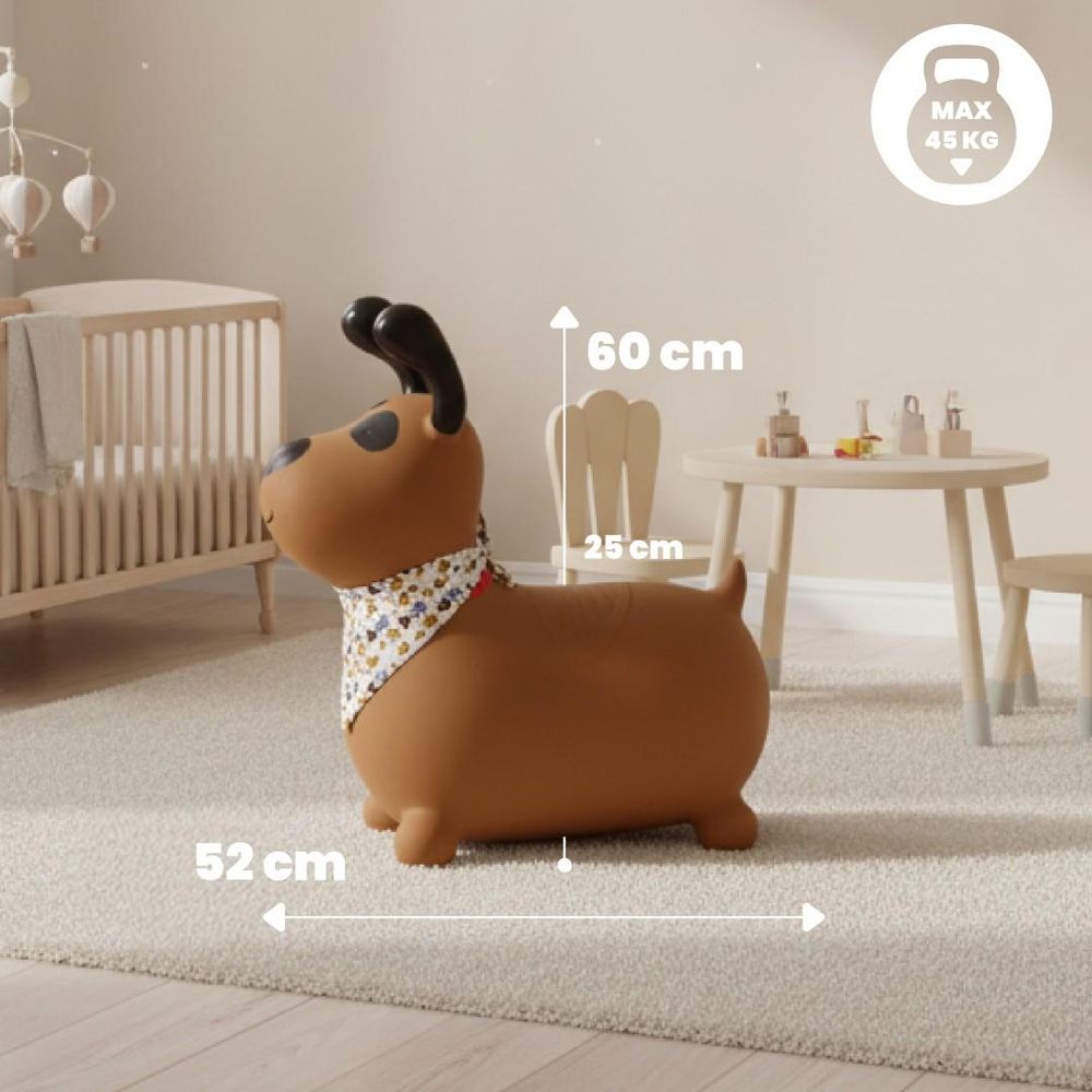Hüpftier Reksio mit Maßangaben und Belastbarkeit im Kinderzimmer