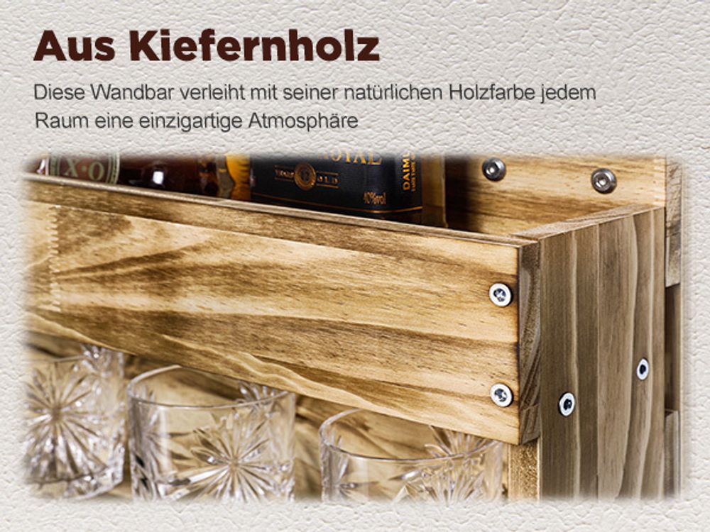 Yorbay Weinregal Palette beflammt Holz, Wandbar mit 4 Getränkespender Wand Flaschenhalter Flaschenhalter, Vintage, Geschenk