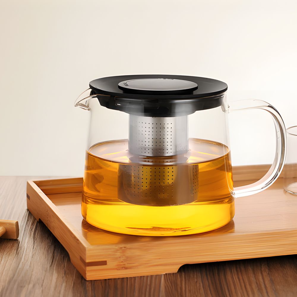Glas Teekanne 1,50 l 1500 ml mit Edelstahlsieb Glaskanne Teebereiter Siebeinsatz Hitzebeständige Ergonomisch Tee Saft BPA-frei Schwarz Retoo