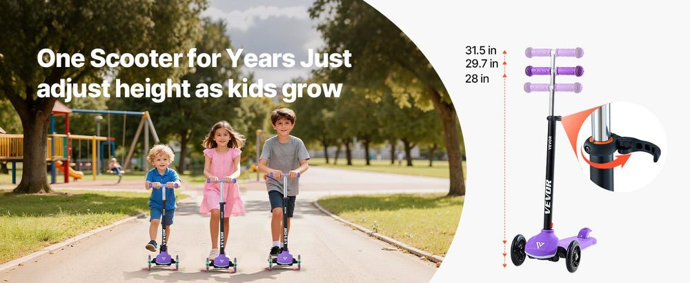 VEVOR Scooter (3 Räder) ab 3 Jahren, Cityroller Kinderroller mit leuchtenden Rädern & höhenverstellbarem Lenker & rutschfestem Deck & leichtem Aluminiumrahmen, Tretroller bis zu 75 kg, Lila