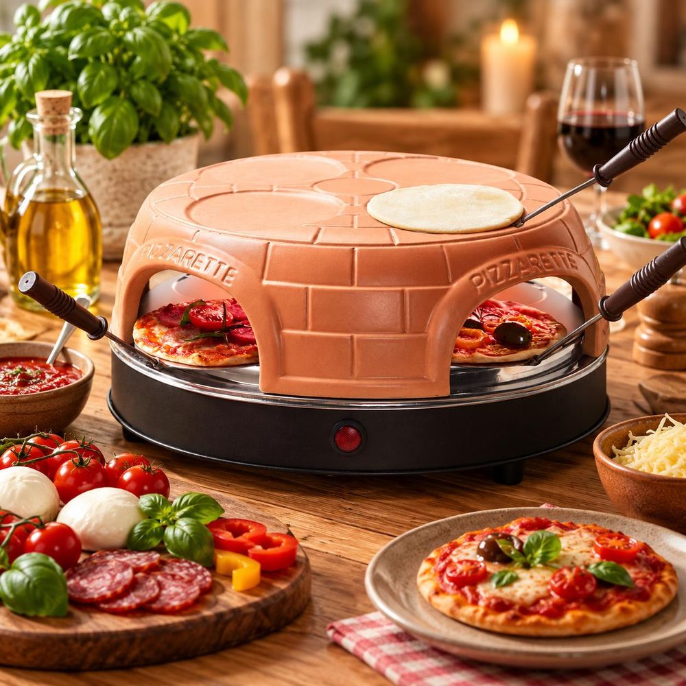 Pizzarette Pizzaofen mit Minipizzen, Pizzateig und frischen Zutaten auf einem Holztisch.