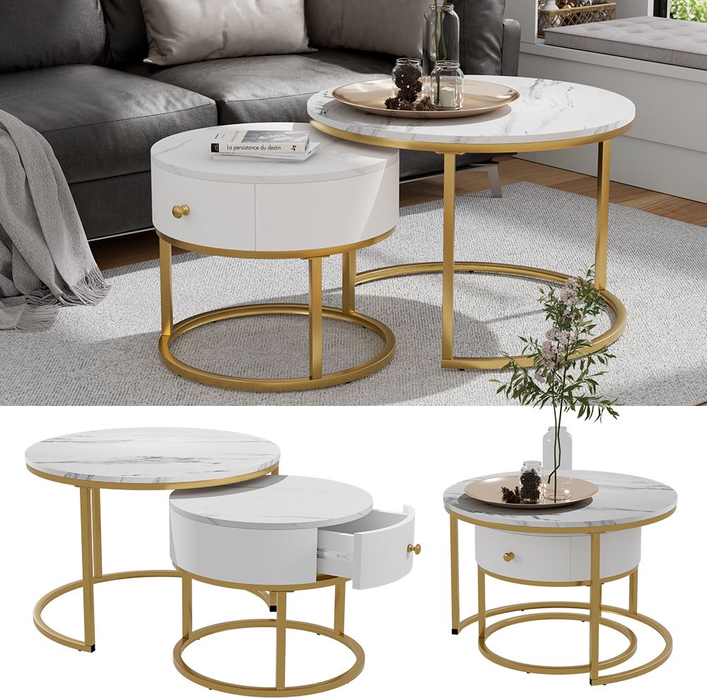 Couchtisch-Set Vicco Madrid Marmor Weiß 70 x 70 cm , kleiner Tisch mit Schublade, Model 51682