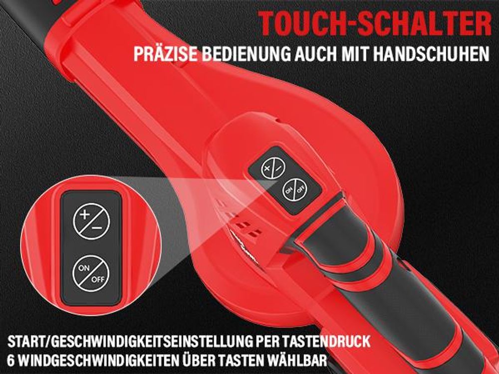 TEENO Akku Laubbläser, 6 Geschwindigkeitsstufen, 2 x 4Ah Akku und Ladegerät, 210 km/h Luftgeschwindigkeit, abnehmbares Blasrohr, geneigte Düse