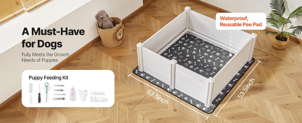 VEVOR Wurfbox für Hunde, 48 x 48 x 18,1 Zoll, Kunststoff PVC Welpen-Spielbereich mit höhenverstellbarer Tür und waschbarem Urinpad, anti-deformierbarer Indoor-Welpen-Spielbereich für große Hunderassen, Milchweiß, 122x122x46 cm