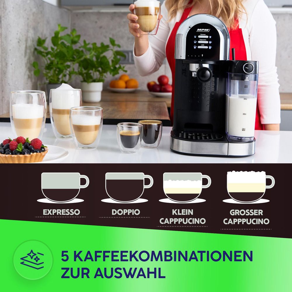 MPM Siebträgermaschine 15 Bar Espresso Kaffeemaschine Cappuccino Latte Thermoblock Milchsystem Milchaufschäumer 1100W MKW-14M