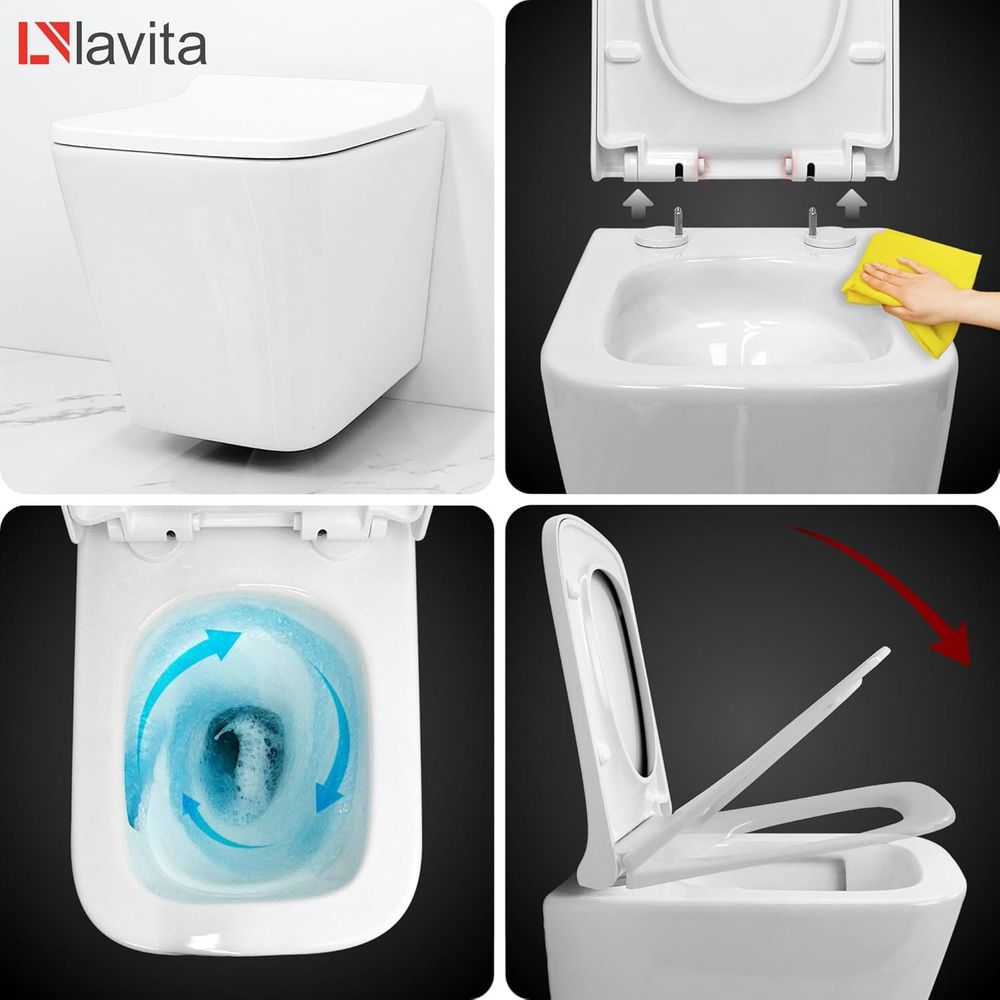 LAVITA Wand-WC Lago | Hänge Toilette | Toilettendeckel mit Absenkautomatik & Metallscharniere | Toiletten Spülrandlos Hängend | Spülsystem TORNADO 3.0 | Toilettenbecken | Weißer Glanz