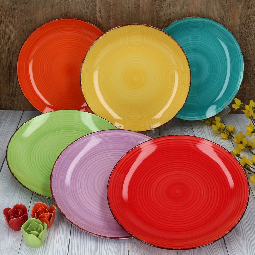 6tlg Speisetellerset Uni bunt Essteller Menüteller flach Servierplatte rund Tafel Steingut 6farbig