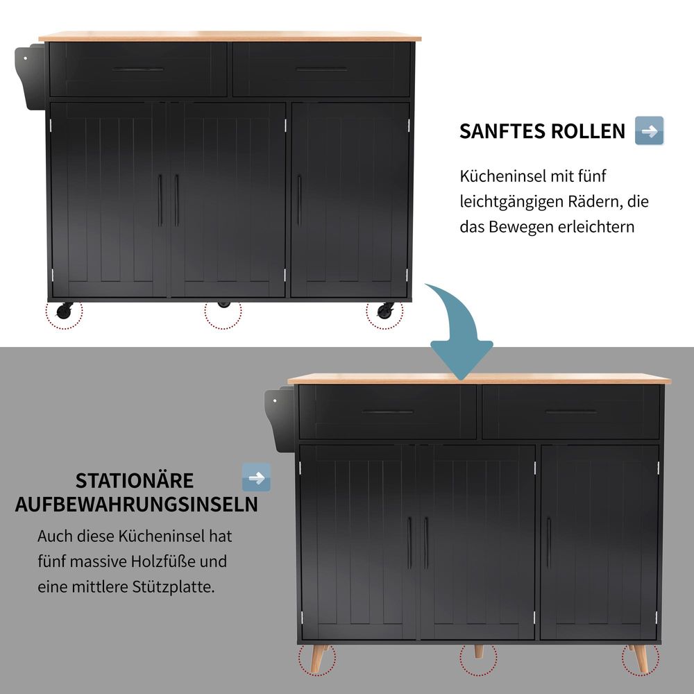 Flieks Servierwagen Kücheninselwagen mit Erweiterbarer Arbeitsplatte, Küchentrolley Speisewagen mit Schubladen, Kücheninsel 129x46-71x91.5cm, Schwarz