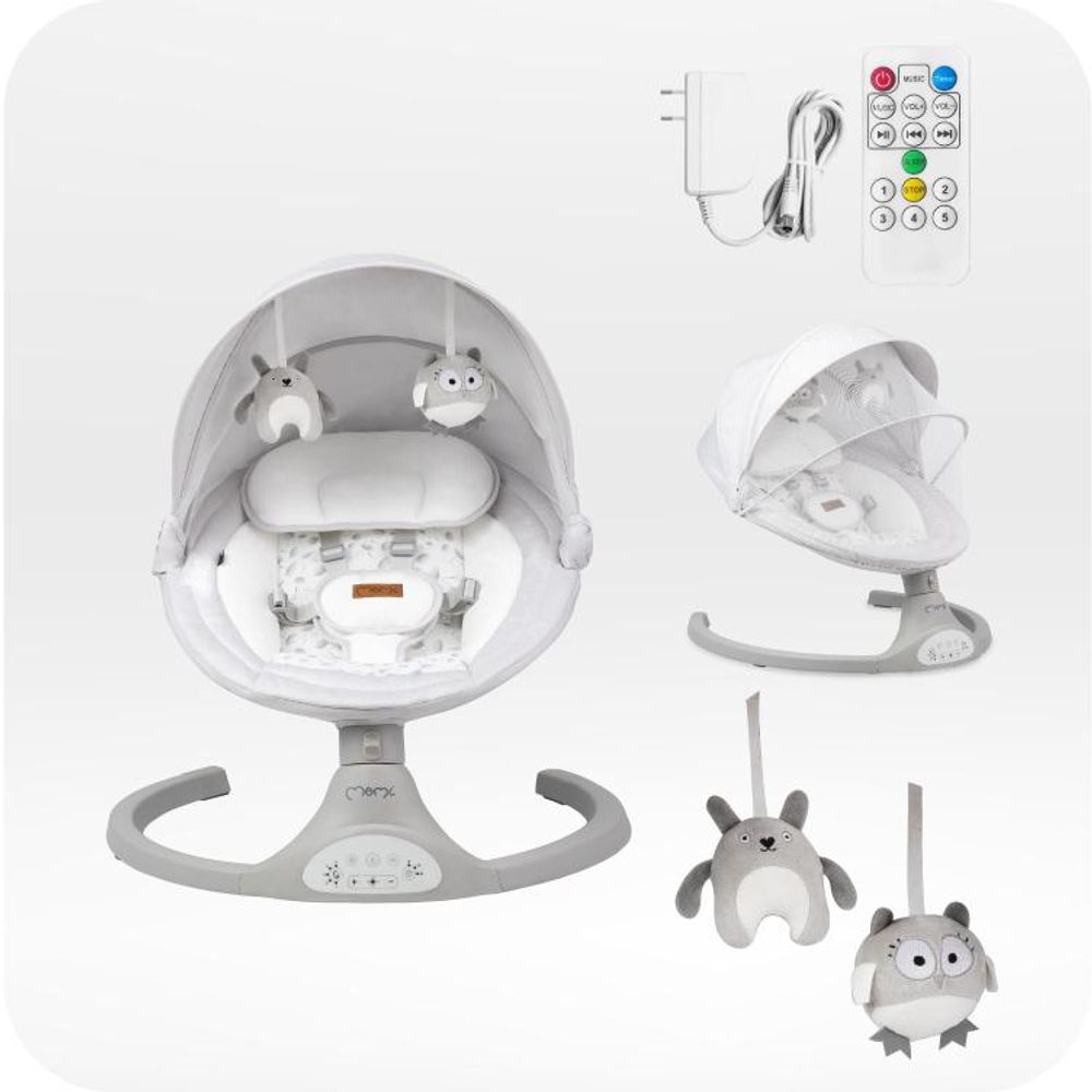 MoMi KENANI – Elektrische Babywippe mit Bluetooth, Fernbedienung & Musik, 5 Stufen – inkl. Moskitonetz – Hellgrau
