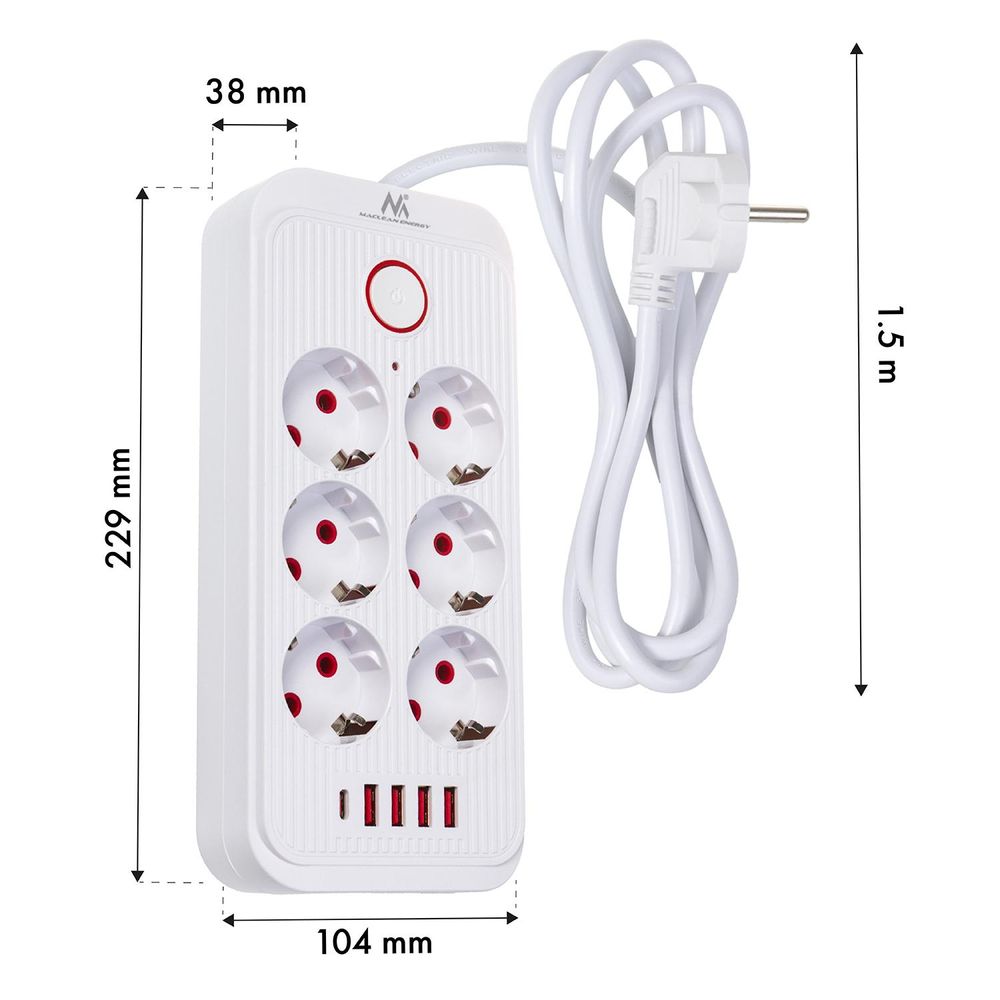 Multiprise Maclean, câble d'extension 6 prises + 4xUSB, 110-240V AC 50/60Hz, 2.1A max 2500W, 3m, blanc, MCE391 W