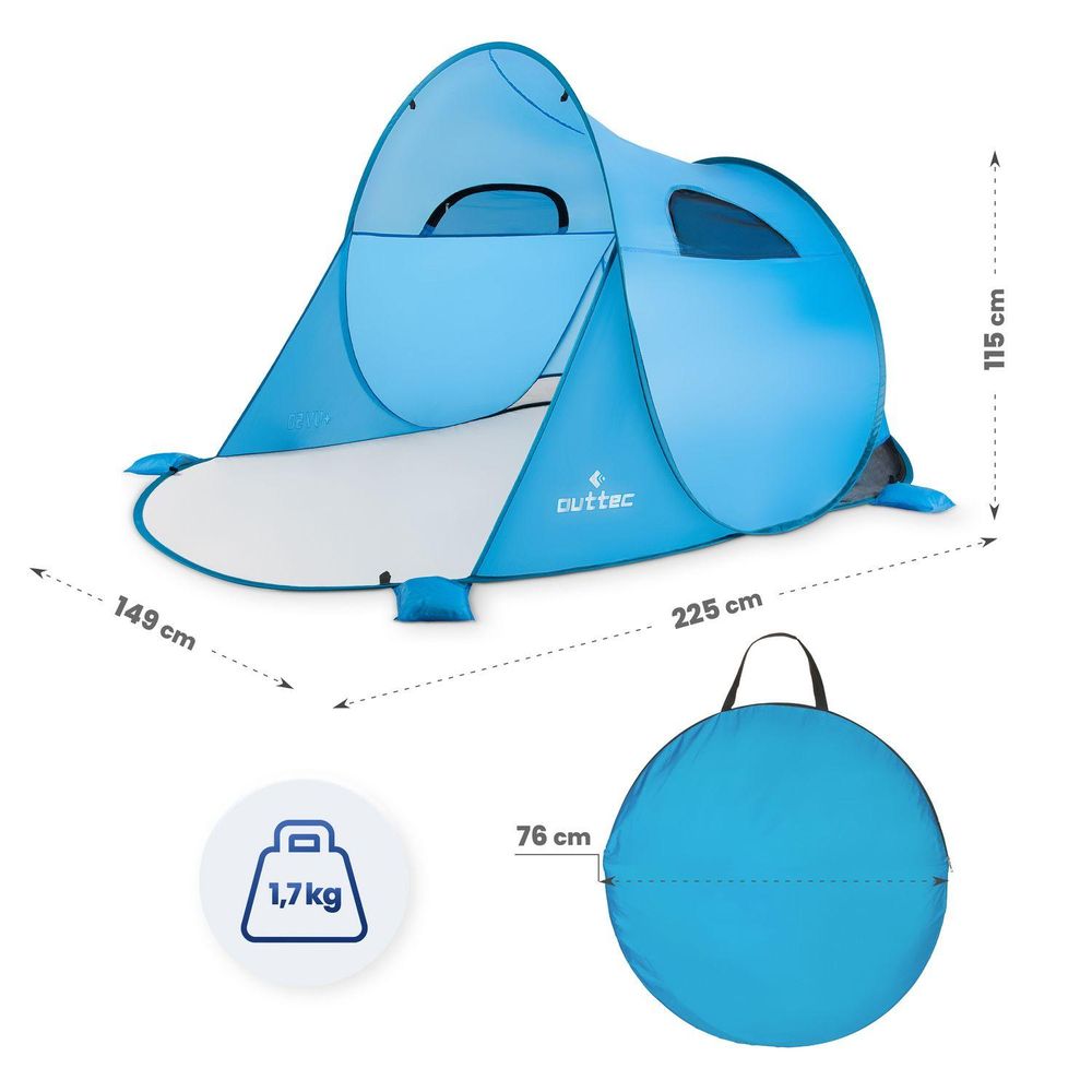 Maße des Pop-up-Strandzeltes: 225x149x115cm, Gewicht 1,7kg, Packmaß 76cm