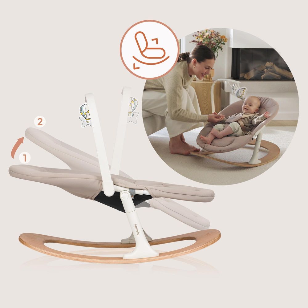 Lionelo Babywippe Celia Rocker mit Verstellbarer Rückenlehne, ab Geburt bis 9 kg, 5 Punkt Gurt und Spielbogen mit Kissen Wood Natural