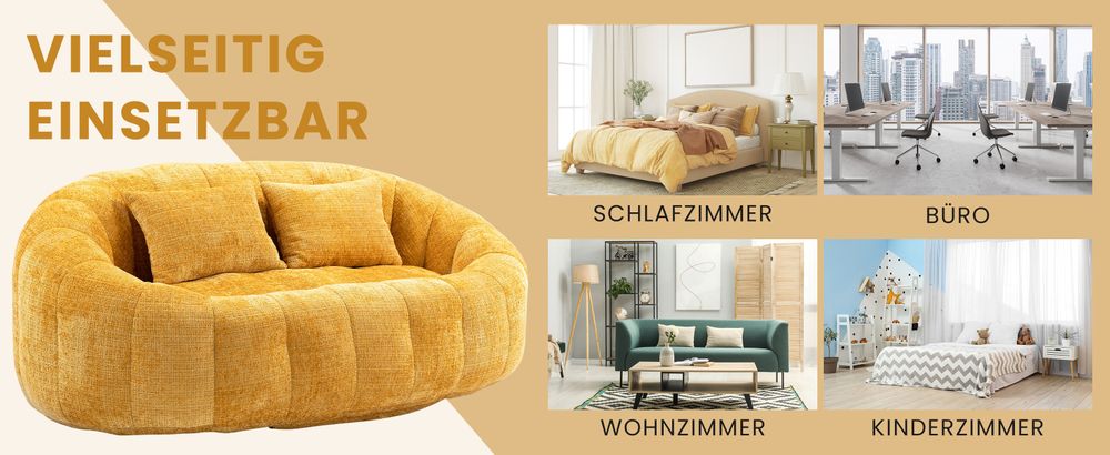 okwish Schlafsofa Sitzsack mit 2 Kissen，Relaxsessel mit dicke Polsterung，Ecksofa ，Extrabreit Lazy Sofa für Erwachsene & Kinder，Chenille-stoff，Gelb