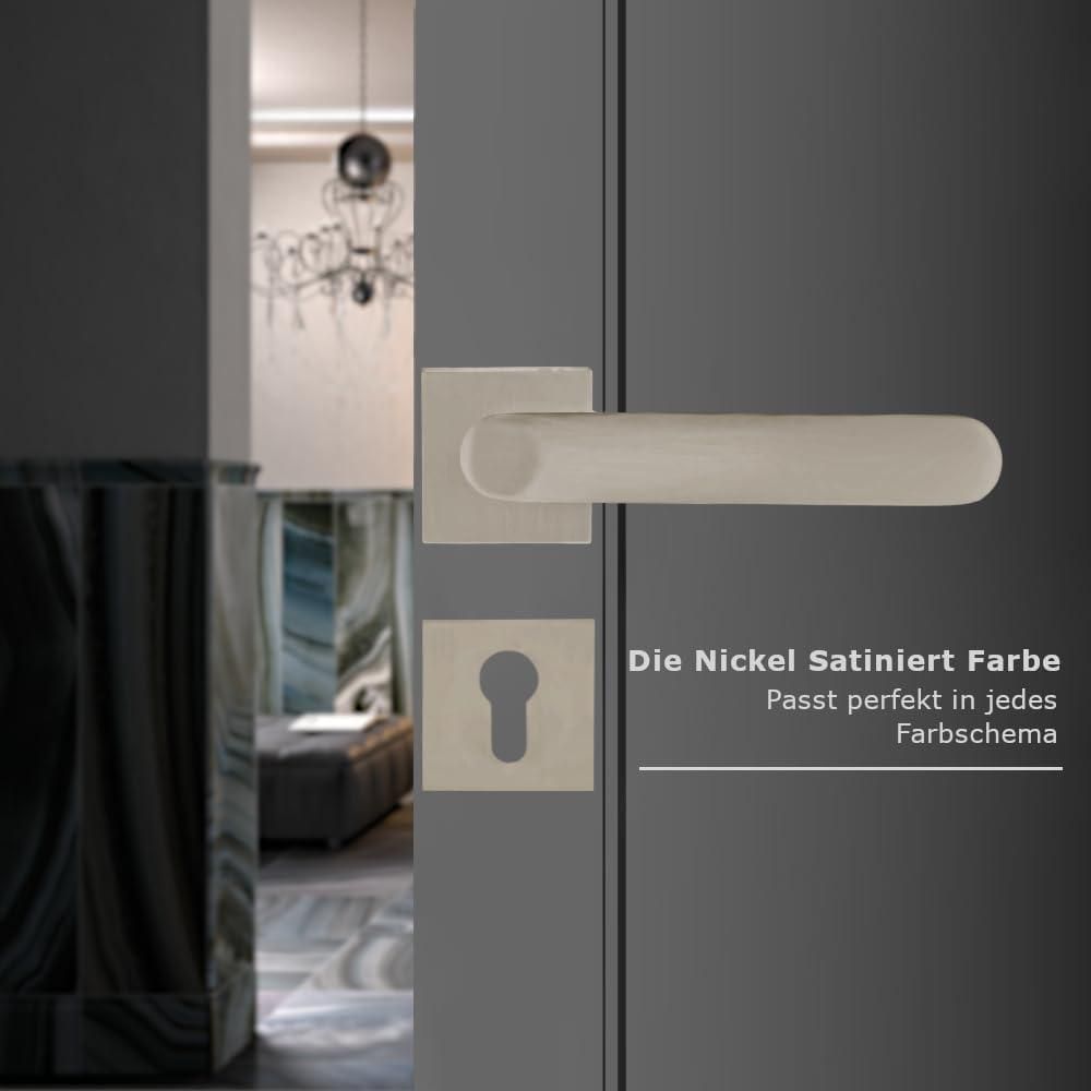DOMINO Türgriff Drückergarnitur PZ - Profilzylinder Set | quadratische Rosette | Türklinke für Zimmertür, Bürotür, Kellertür & Innentür| Türbeschläge aus Aluminium| Satin Nickel Türdrückergarnitur | DENVER-QR SLIM SN