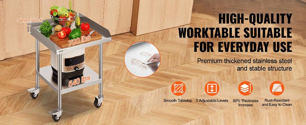 VEVOR Edelstahl Vorbereitungs Tisch, 24 x 24 x 34 Zoll, Schwerlast Metall Arbeitstisch mit 3 verstellbaren Höhenstufen, Gewerbliche Arbeitsstation für Küche Garage Restaurant Garten, 610x610x762 mm