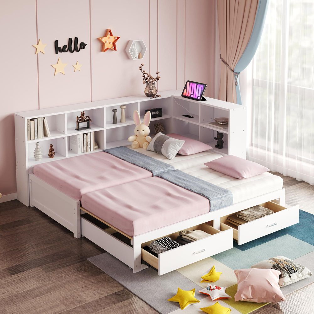Merax Massivholzbett 90x190/180x190 cm mit Ausziehbett, Tagesbett mit Stauraum und Ladeanschluss, Multifunktionsbett Kinderbett Weiß