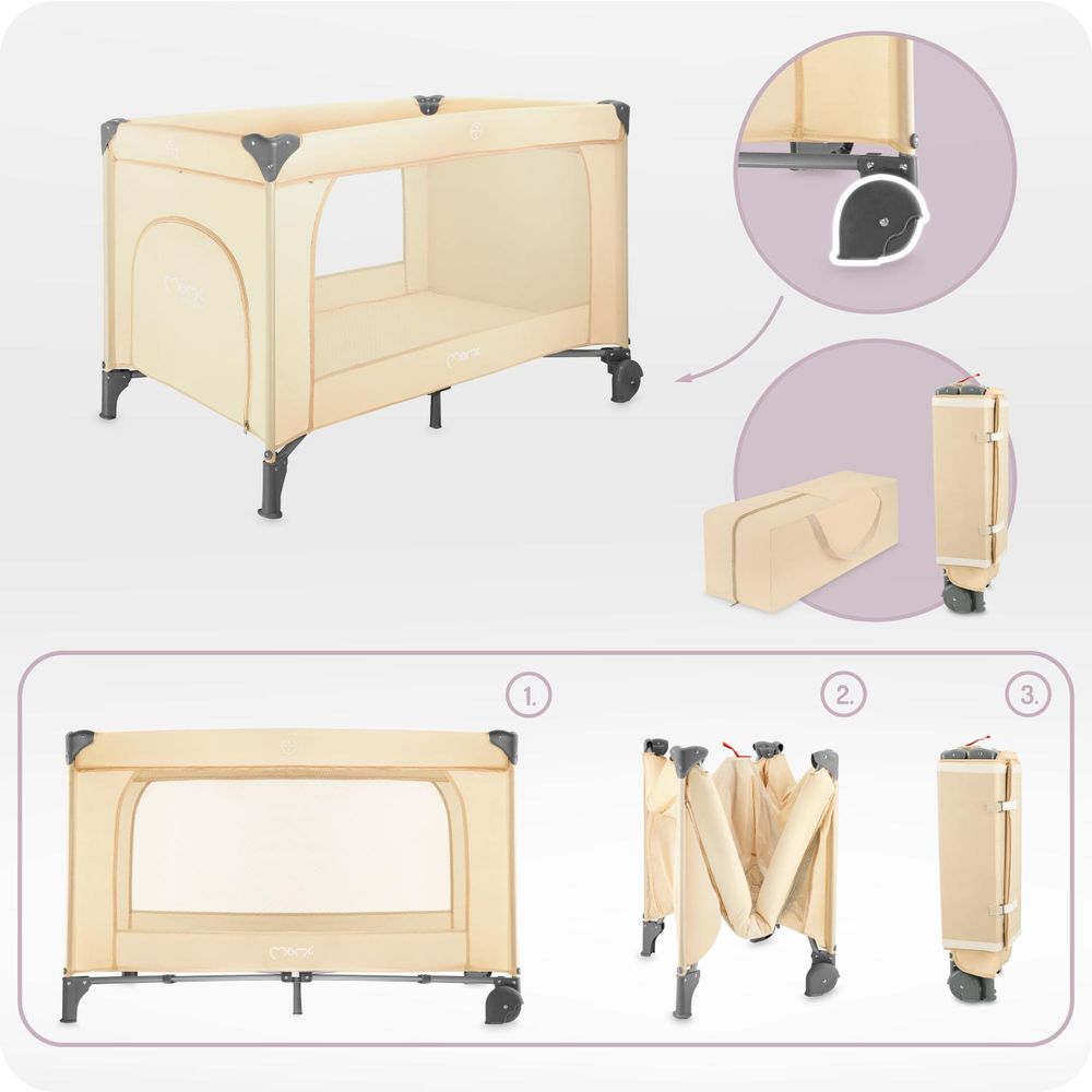 MoMi BELOVE PLUS – Babyreisebett mit Matratze, Spielbogen & Wickeltisch, 2 Ebenen, Zubehör inkl. – Beige