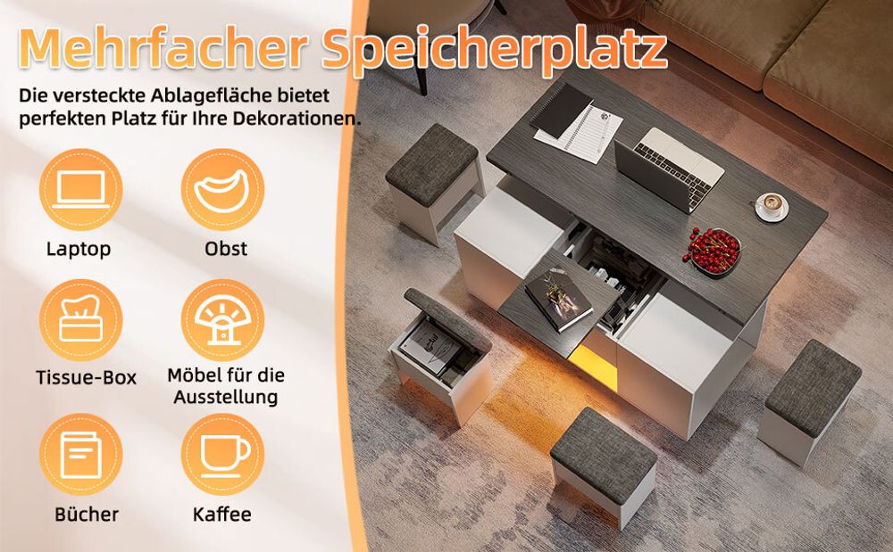 Couchtisch mit 4 Hockern& LED,  Verwandlungs Esstisch, ausziehbarer Tischplatte, Universalrad, Höhenverstellbar, Spart Platz, 105 * 100/50 * 55.5 cm