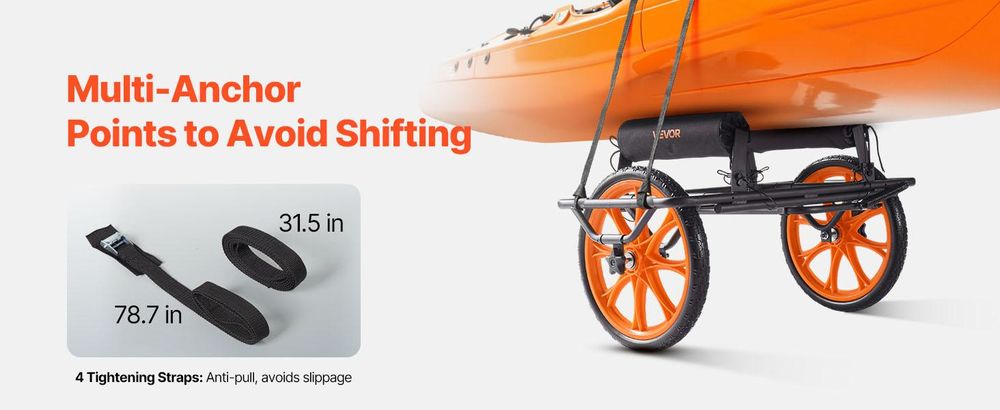 VEVOR Schwerlast-Kajakwagen, 145 kg Tragfähigkeit, abnehmbarer Kanu-Trolley mit 10'' soliden Reifen, verstellbaren Halterungen & rutschfestem Stützfuß, für Kajaks, Kanus, Paddleboards, Schwimmmatten und Jon-Boote, 9-20 Zoll