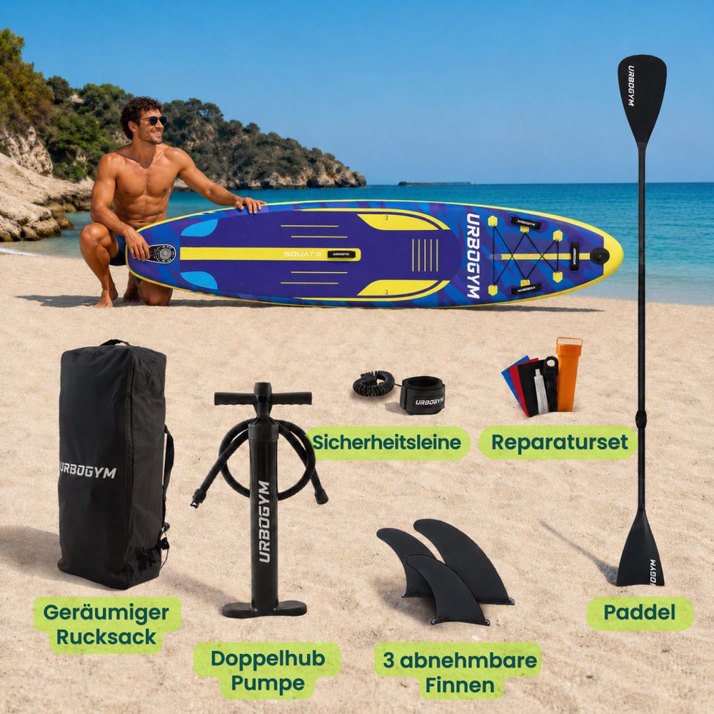 SQUALL 320 Set mit Paddel, Pumpe, Leash, 3 Finnen, Reparaturset und Rucksack.