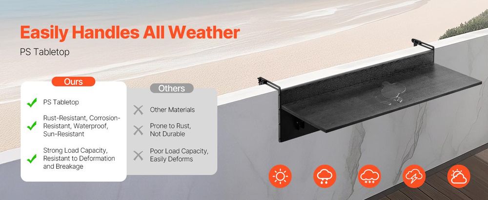 VEVOR Balkontisch, 800x300 mm, klappbarer Balkonhängetisch, Klapptisch für den Außenbereich, 22 kg Tragkraft, passend für Geländer von 2,54 bis 15 cm, Serviertisch für Terrasse und Deck