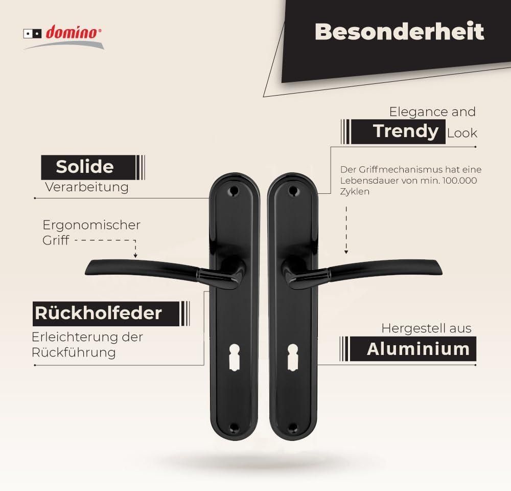DOMINO Türgriff 72 Drückergarnitur BB-Buntbart Set | Langschildgarnitur | Türklinke für Zimmertür, Bürotür, Kellertür & Innentür | L-Form | Türbeschläge aus Aluminiuml | Schwarz Türdrückergarnitur |PRESTO BLACK