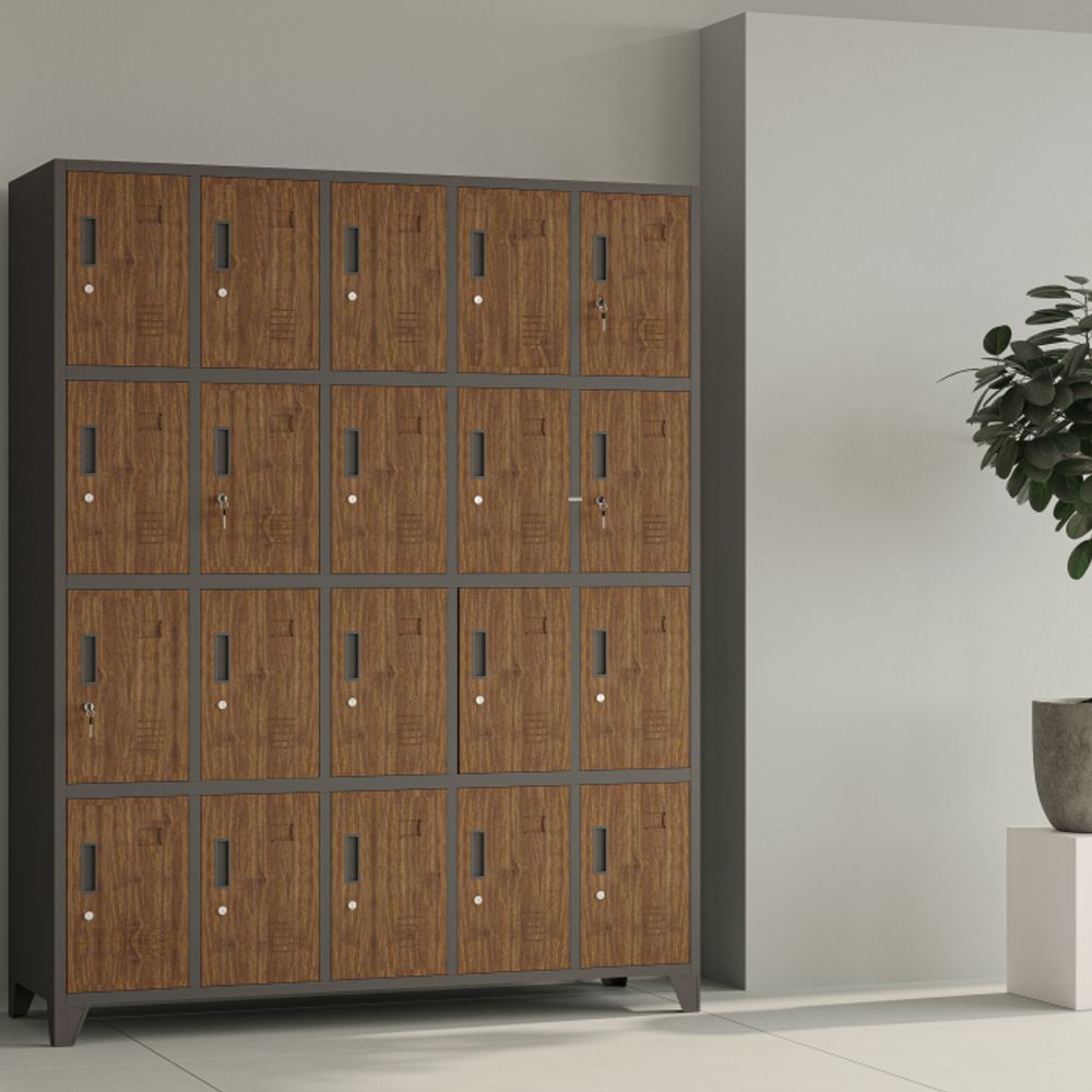 Umkleideschrank 5B4A Fächerschrank Schließfachschrank mit 20 Fächern Wertfachschrank Metall Pulverbeschichtung 172 cm x 136 cm x 45 cm (H x B x T) Farbe: Anthrazit-Holzoptik