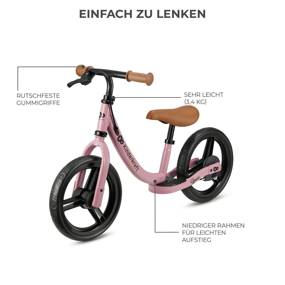 Kinderkraft SPACE Laufrad - Leicht, mit Handbremse - EVA-Schaumstoffräder - Verstellbarer Sattel und Lenker - Für Kinder ab 80 cm - Rosa