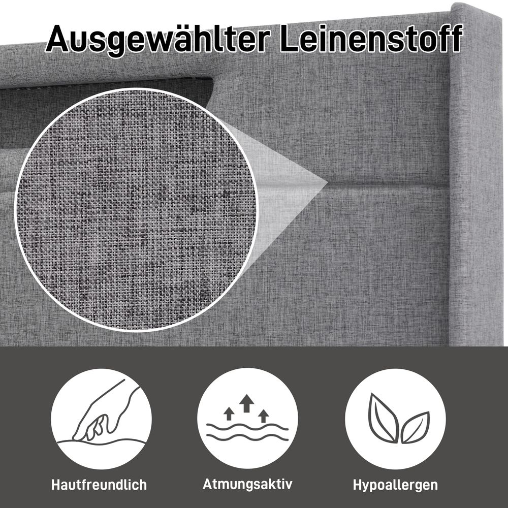 MODFU Boxspringbett Hydraulisches 140 x 200 cm mit LED-Beleuchtung, Polsterbett Funktionelles mit USB-Ladeanschluss, Doppelbett Stauraumbett mit Bettkasten Stauraum, Leinenmaterial Grau(Ohne Matratze)