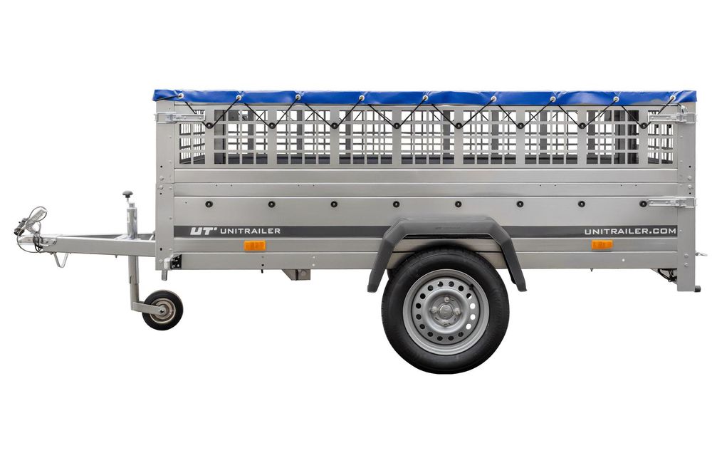 Pkw Transport Anhänger 230x125 Garden Trailer 230 KIPP mit Laubgitteraufsatz, blauer Flachplane und Stützrad