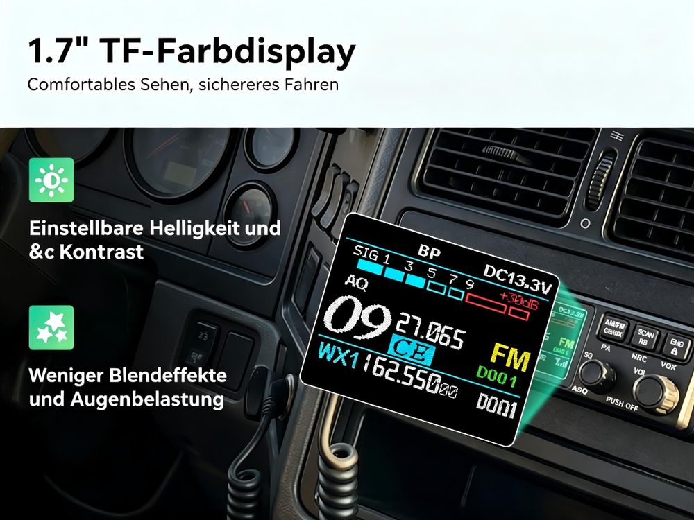 Retevis MB63B CB Funkgerät mit Antenne, AM/FM CB-Funkgeräte, LCD-Farbdisplay, NRC Rauschunterdrückung, CTCSS/DCS, VOX, 80 Kanäle, EMG CH9/19