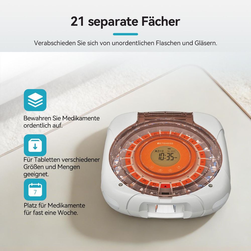 Retekess TH017 Smart Pillenbox, automatischer Tablettenausgabe, LCD-Display, Klingeltöne, Power-off-Speicherfunktion, für Haushalte, Senioren