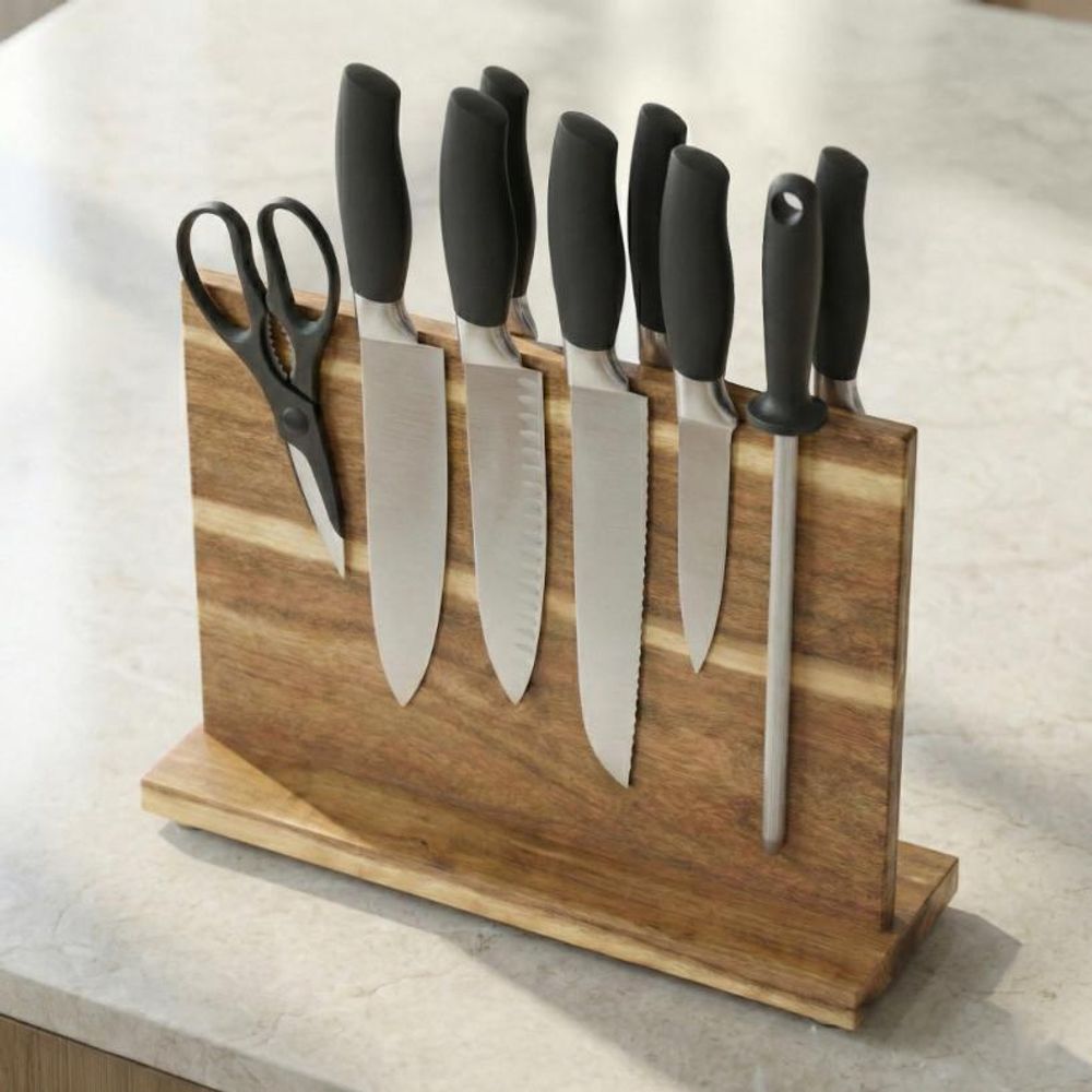 WELLHAUS Magnetischer Ständer für Küchenmesser, Doppelseitig, aus Holz