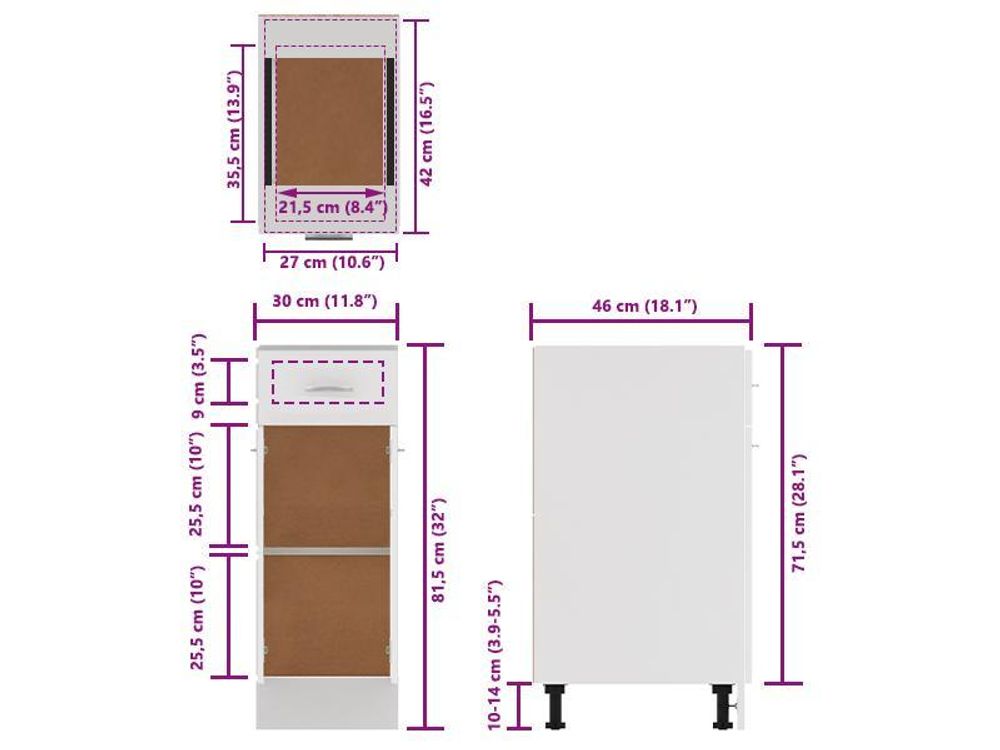 vidaXL Schubunterschrank Lyon Weiß 30x46x81,5 cm Holzwerkstoff